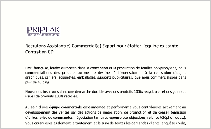 PRIPLAK - Annonce Assistant Commercial Export